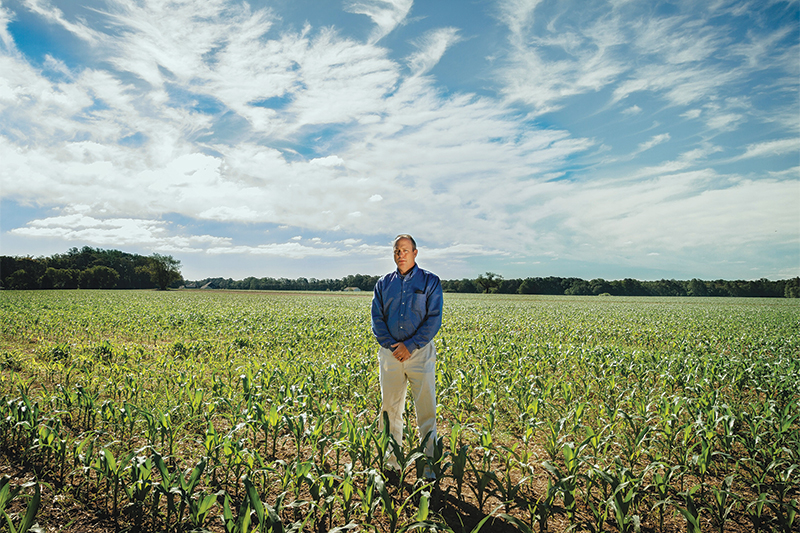 Bruce Patrick, general manager of Tidewater Utilities, stands in a soybean field his company is still leasing. The company had planned a wastewater treatment plant there, but the Coastal Zone Act permitting process took so long that Tidewater's prospective customers built their developments without them.